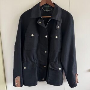 Lauren Ralph Lauren Black Field Jacket Leather Trim Utility Coat Womens